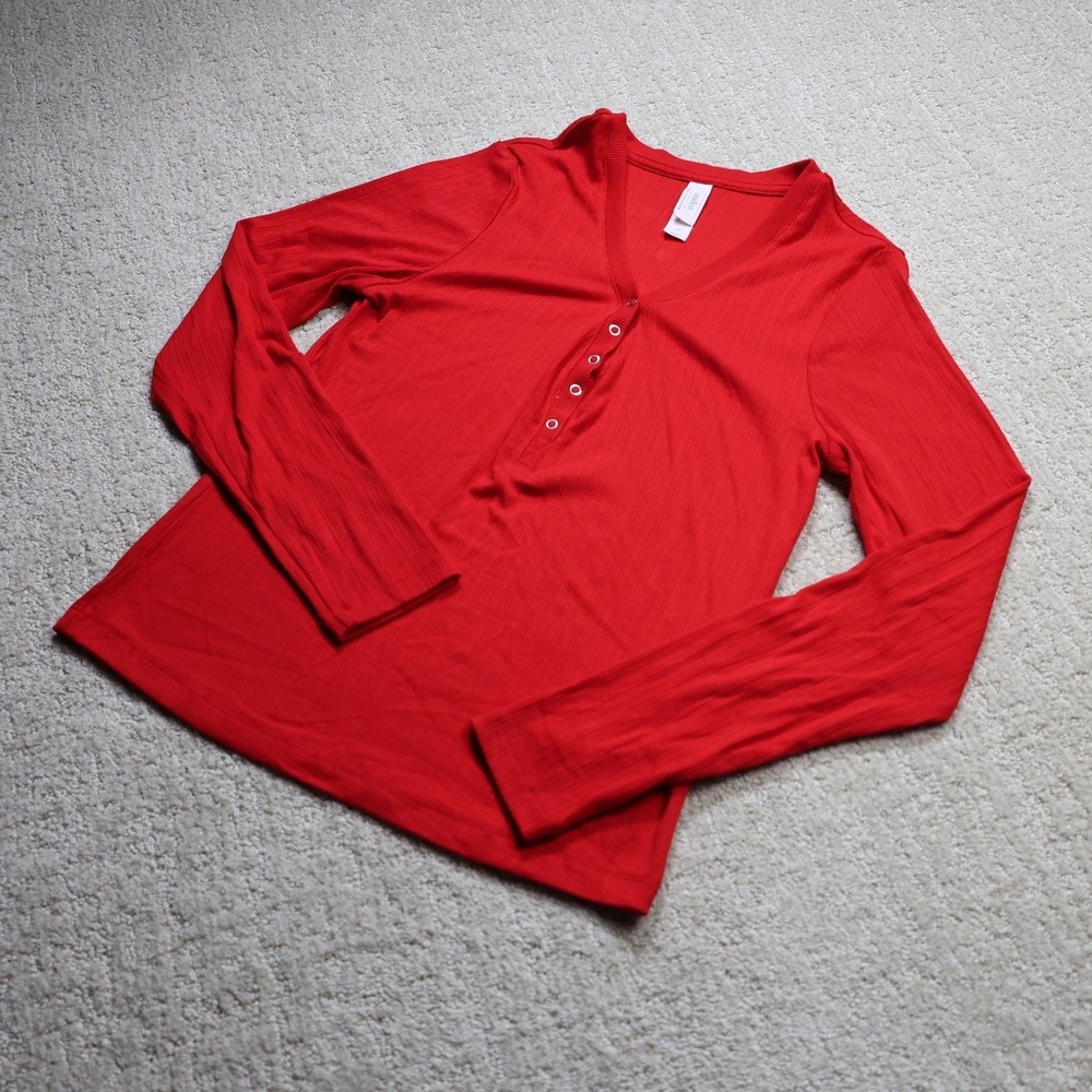 Auden Womens Red Ribbed Henley Long Sleeve Sleep Top Small B1-019